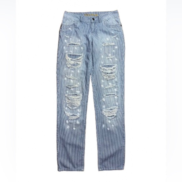 Y2K Delia’s Women’s Striped Distressed Jeans Size 1/2R - Picture 1 of 5